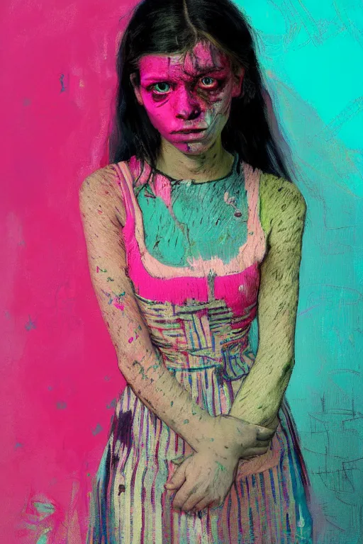 Image similar to portrait of a beautiful girl living in a postapoliptic forgotten world, she has seen war and has seen death, on her face you sadness and tears, in the colors hot pink and cyan, beautiful face, rule of thirds, complex outfit, spotlight, by greg rutkowski, by jeremy mann, by francoise nielly, by van gogh, digital painting