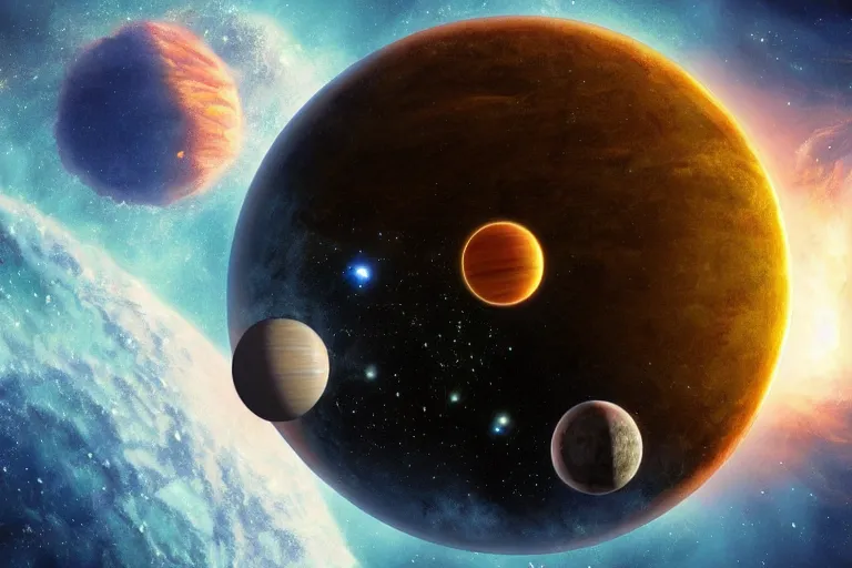 Image similar to Planet system with a earth-like exoplanet, cinematic, nebulas, Chris Foss