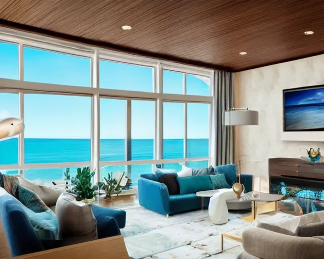 Prompt: A modern living room in a ocean hues style, ocean view, luxurious table, calm, relaxed style, harmony, wide angle shot, 8k resolution, professional lighting