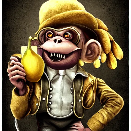 Image similar to cool monkey with banana in steampunk style, digital art, high quality, artstation