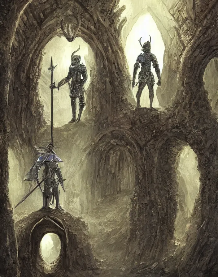 Image similar to a knight in a medieval suit of armor next to an elf wizard walking through a surrealist dimensional gateway that leads into rivendell in the style of john howe