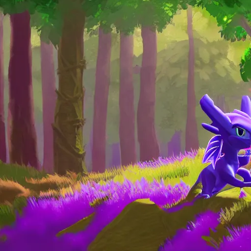 Prompt: Spyro the Dragon in a large forest, Breath of the Wild styled, digital art, highly detailed