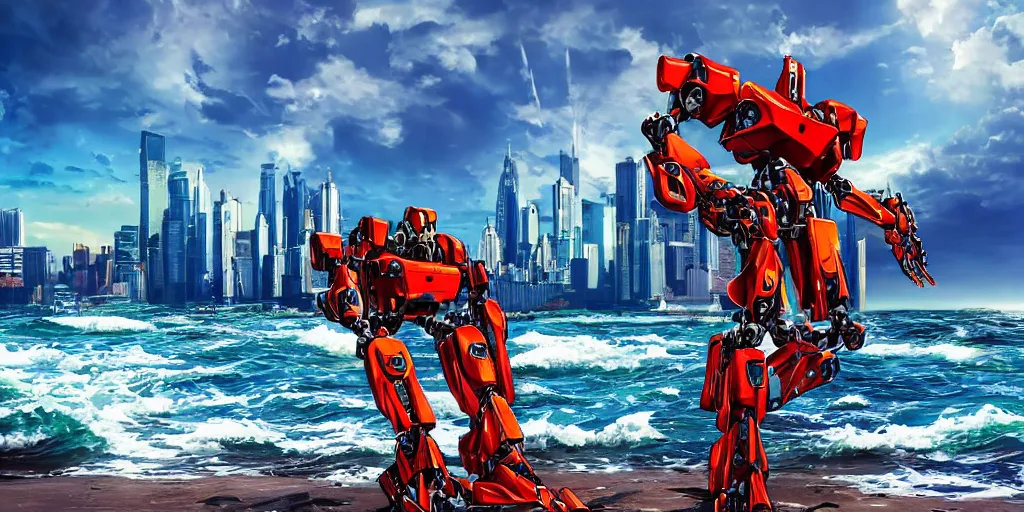 Prompt: realistic mecha emerging from the ocean with a city in the background, vibrant colors, hyper realisitic