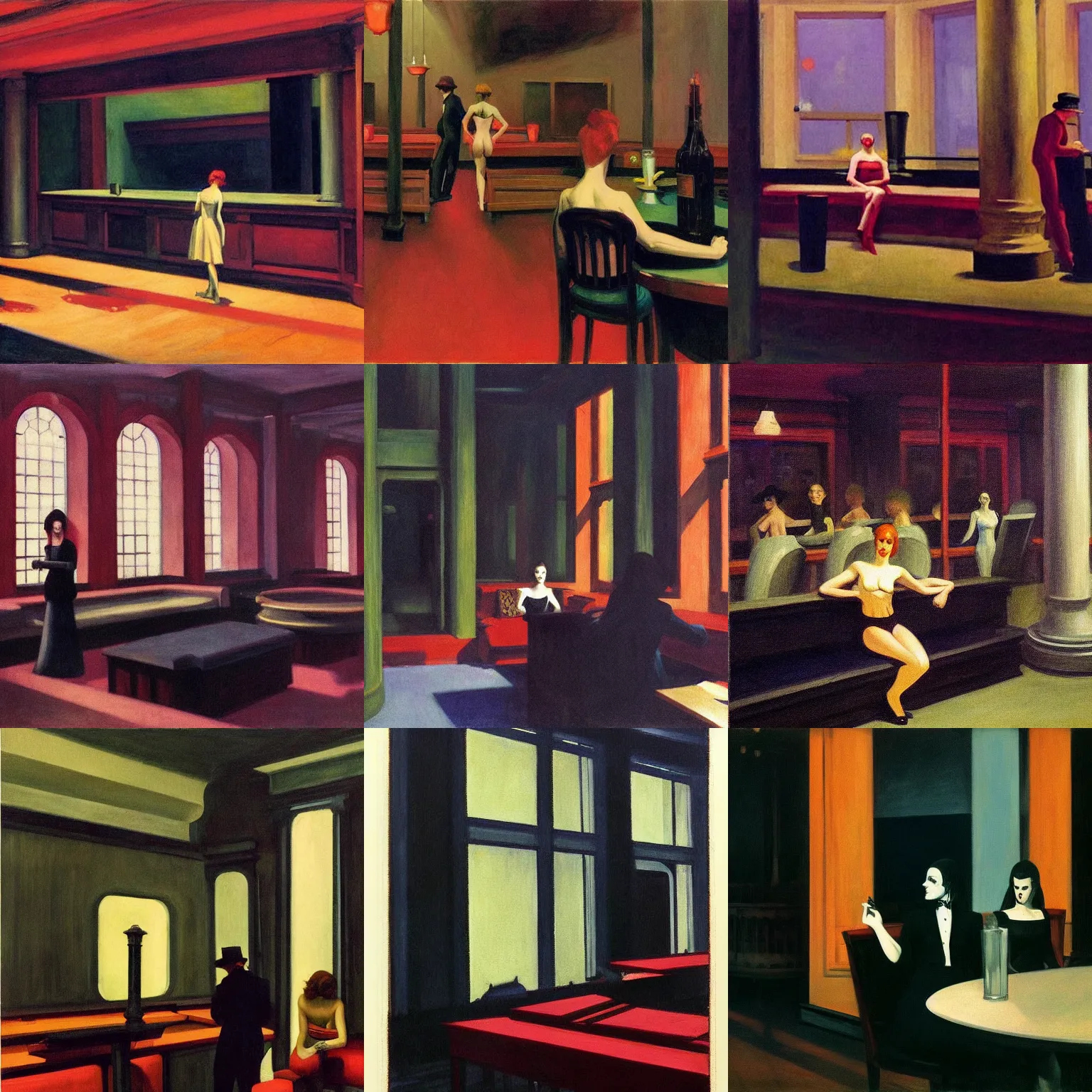 Prompt: art by edward hopper depicting the interior of a goth nightclub in soho during the 1 9 8 0 s