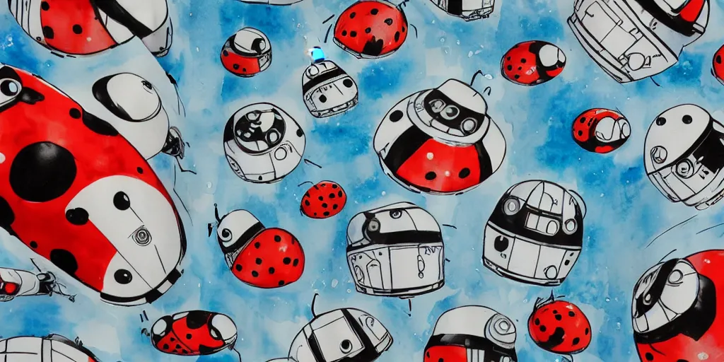 Image similar to shower curtain product catalog. wide - angle photo. on the curtain is a low - angle hero - shot watercolor of a ladybug robot. the robot has an epic showdown with darth vader. the water color has ink under drawing. highly coherent, product photography of a shower curtain, product lighting. 4 k, highly detailed. saturated.