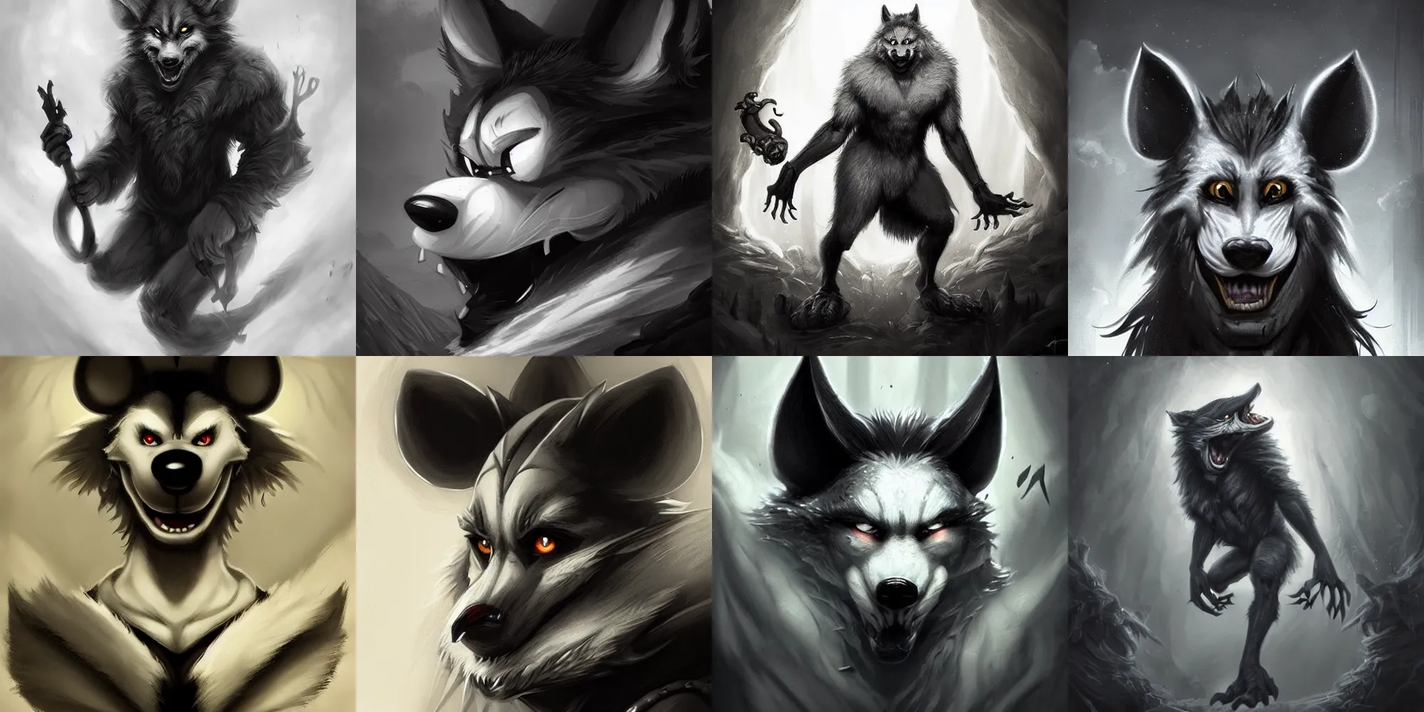 Prompt: a realistic black and white werewolf mickey mouse, pretty, beautiful, DnD character art portrait, matte fantasy painting, DeviantArt Artstation, by Jason Felix by Steve Argyle by Tyler Jacobson by Peter Mohrbacher, cinematic lighting