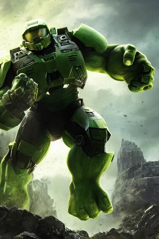 Prompt: master chief playing the hulk in the new avengers movie, oil on canvas, intricate, portrait, 8 k highly professionally detailed, hdr, cgsociety