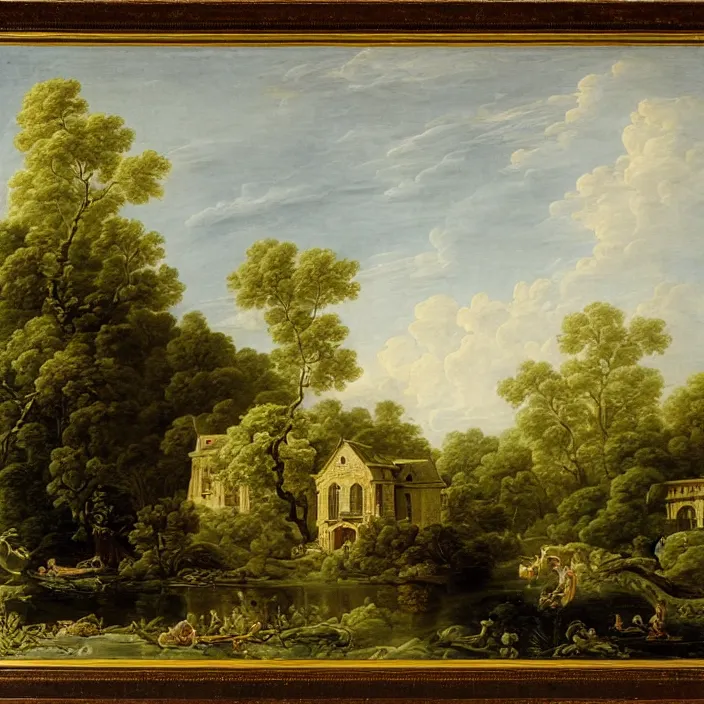 Image similar to a building in a serene landscape, by francois boucher