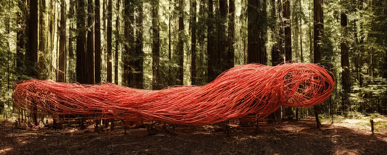 Prompt: a giant spaghetti sculpture, hit by a ray of sunshine, in a redwood forest, canon 5 0 mm, cinematic lighting, photography, retro, film, kodachrome