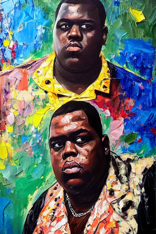 Prompt: palette knife oil painting portrait of notorious big, an king - young man in mafia wear and australian aboriginal body paint, concrete balcony, nightclub, artstation trending, artgerm, any racial background, deviant art, hipster, octane, substance, art history 8 k