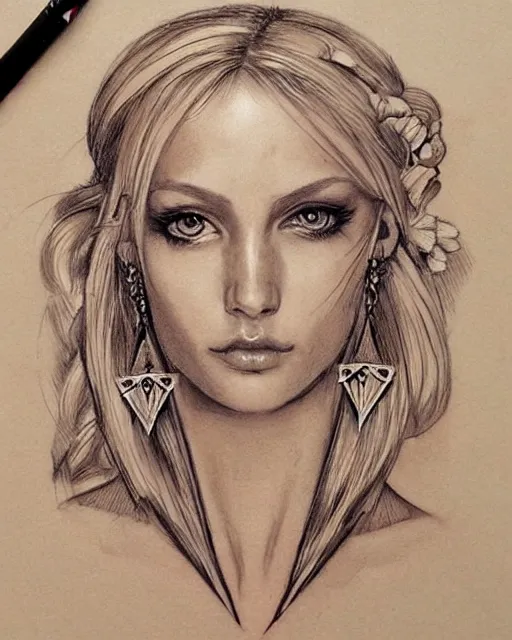 Image similar to tattoo sketch of beautiful greek goddess aphrodite with arrowhead earrings, beautiful feather jewelry, beautiful piercing eyes, flowing blonde hair, realistic face, hyper realistic, in the style of greg rutkowski, fantasy, amazing detail, epic, elegant, smooth, sharp focus, from the front