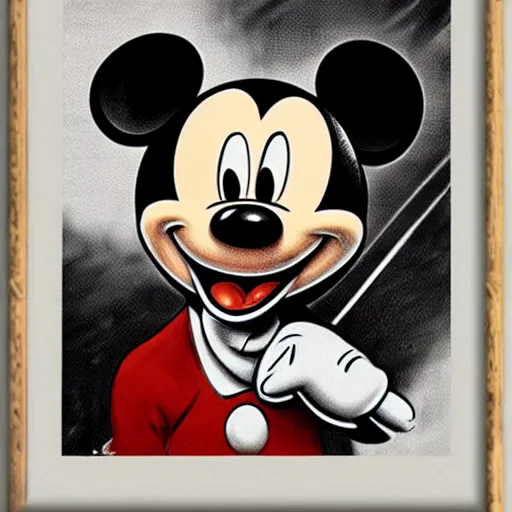 Image similar to mickey mouse art work. ww 2 propaganda poster. dark, hyper realistic by hr giger