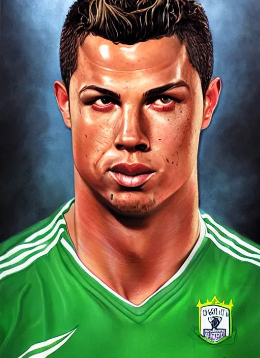 Prompt: portrait of ronaldo nazario, wearing green soccer clothes, very detailed eyes, hyperrealistic, very detailed painting by glenn fabry, by joao ruas, by artgerm