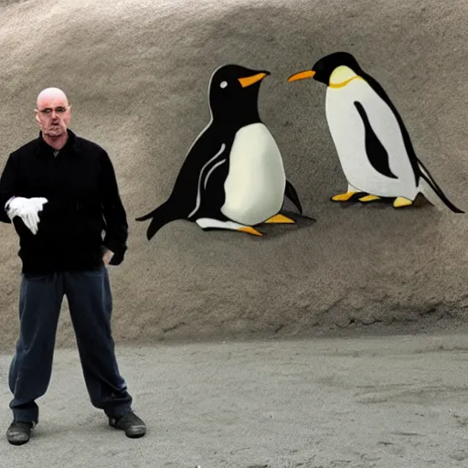 Prompt: walter white pointing at penguins in a zoo