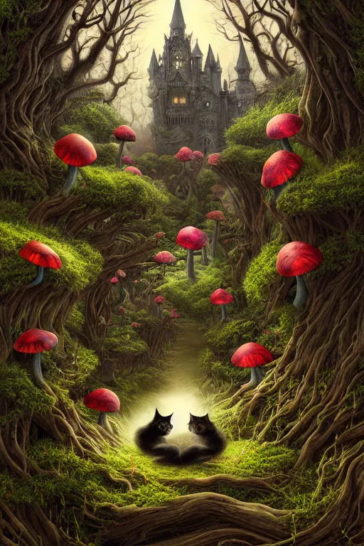 Image similar to a beautiful digital illustration painting of a detailed gothic fantasy cats and roots, dark mushroom, flowers by benoit b. mandelbrot, steven belledin, martin johnson heade, lee madgwick, caspar david friedrich, and david rios ferreira. 8 k resolution trending on artstation concept art digital illustration