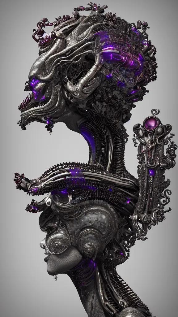 Prompt: a high quality photo of a young beautiful female queen-alien-cyborg bust with a very long neck and Mandelbrot fractal face with crown, by mario feng, scales, alien eyes, master shot, octane render, 8k, ultra hd, perfect light