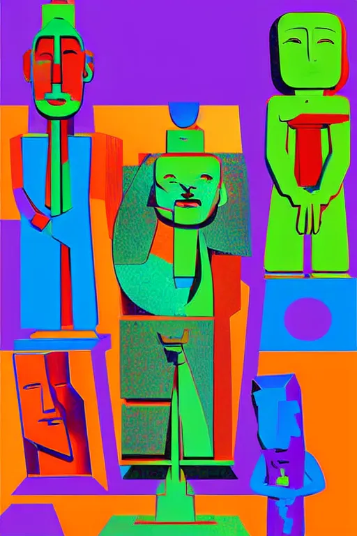 Image similar to cubist moai statue cutout digital illustration cartoon colorful beeple