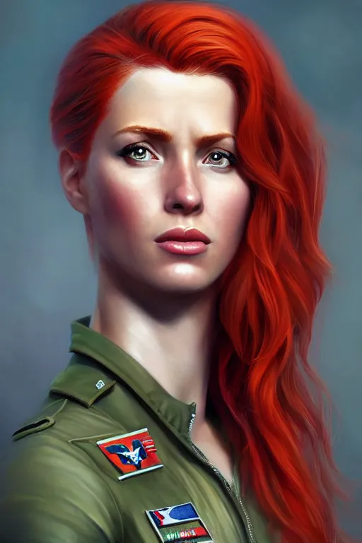 Prompt: epic professional digital portrait art of attractive redhead woman airforce pilot, 4 5 mm lens, painting, facing front, by neal adams and joelle jones artstation, cgsociety, wlop, epic, much wow, much detail, gorgeous, detailed, cinematic, masterpiece