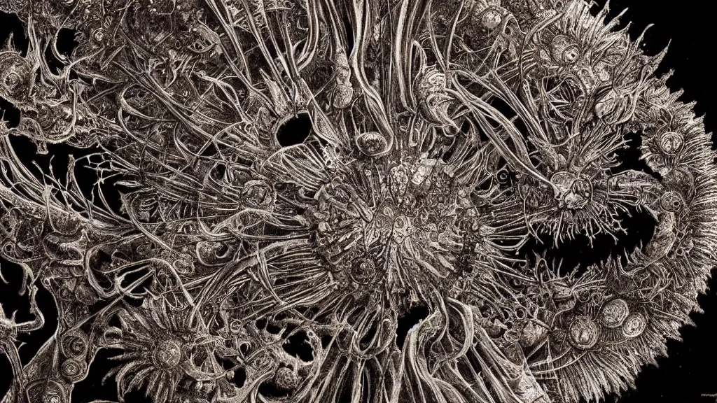 Image similar to beautiful macro picture of a coronavirus inside a television screen, dark, sinister, detailed, high contrast, art by Ernst Haeckel and Greg Rutkowski