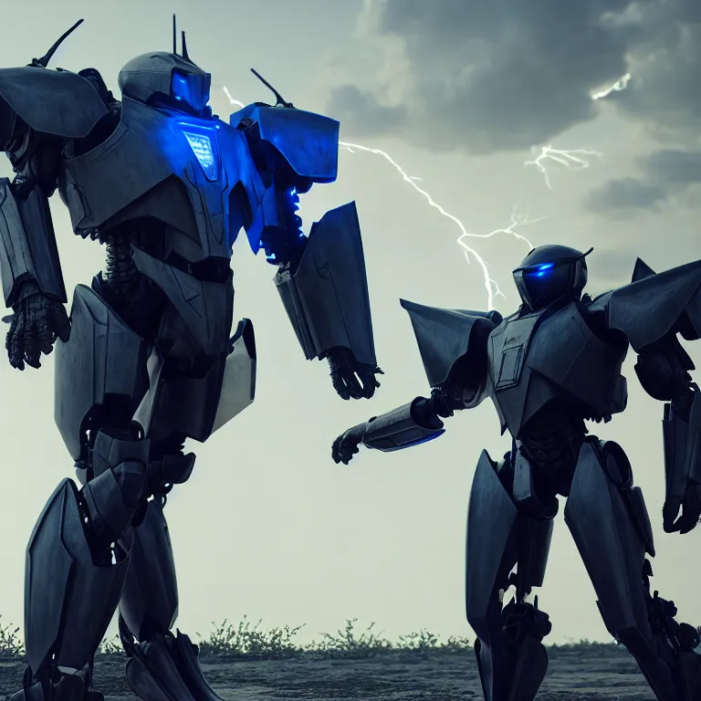 Prompt: hyper detailed photorealistic cinematic rendering with volumetric lightning and ray tracing, blue skinny full body armored core, weathering armor plating, endoekeleton exposure, 8 k, octane render, unreal engine, ray tracing