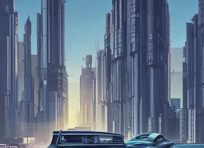 Prompt: a car driving down a street next to tall buildings the night at 1 pm, cyberpunk art by Chesley Bonestell, cgsociety, retrofuturism, matte painting, reimagined by industrial light and magic