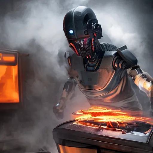 Image similar to cyborg with toaster oven chest, dark messy smoke - filled cluttered workshop, dark, dramatic lighting, orange tint, sparks, cinematic, highly detailed, sci - fi, futuristic, movie still