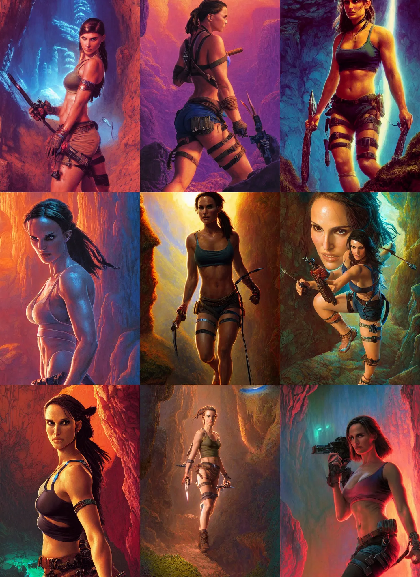 Prompt: close portrait of natalie portman as a muscled tomb raider, bright colors, biotechnology, cave glowing stones, epic composition, donato giancola, tim hildebrandt, wayne barlow, bruce pennington, larry elmore