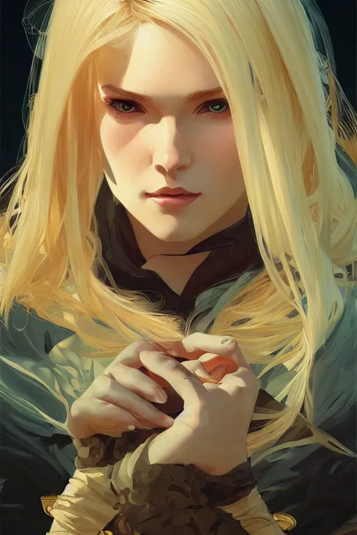 Image similar to a beautiful blond ninja girl, fantasy, portrait, sharp focus, intricate, elegant, digital painting, artstation, matte, highly detailed, concept art, illustration, ambient lighting, art by ilya kuvshinov, artgerm, Alphonse mucha, and Greg Rutkowski