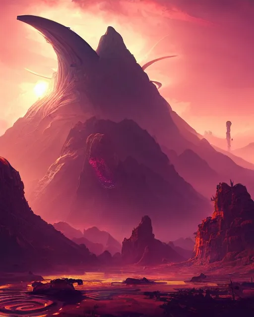 Image similar to alien temple, beautiful landscape, nier automata, protoss!!!!, machine planet, mothership in the sky, pink sun, tropical forest, colorful light, advanced technology, cinematic lighting, highly detailed, masterpiece, art by bastien grivet and darwin cellis and jan urschel