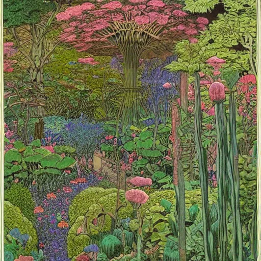 Image similar to an illustration of a beautiful garden, painted by moebius and james jean