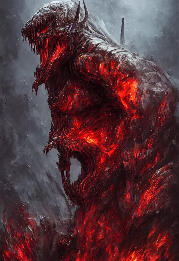 Image similar to a portrait of the predator as a gigantic version of itself as a demon in a fiery hell, eerie, dark, magical, fantasy, trending on artstation, digital art.