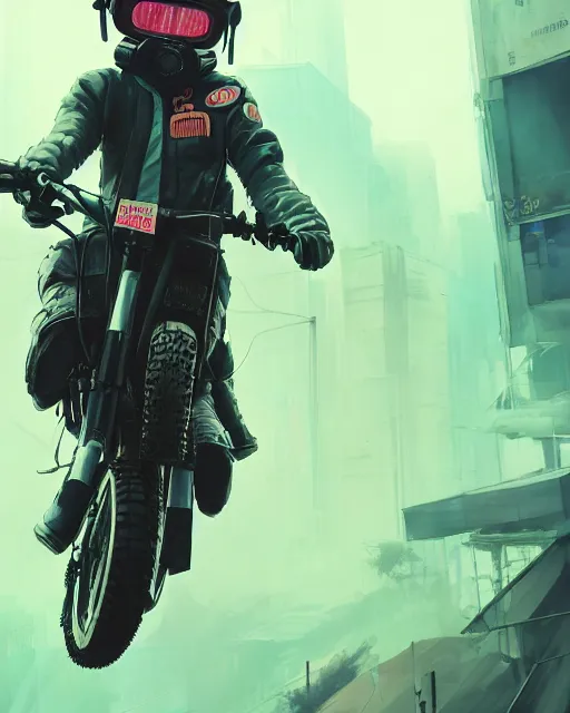 Image similar to koyto animation girl wearing cyberpunk intricate streetwear riding dirt bike, respirator, detailed portrait, cell shaded, 4 k, concept art, by wlop, ilya kuvshinov, artgerm, krenz cushart, greg rutkowski, pixiv. cinematic dramatic atmosphere, sharp focus, volumetric lighting, cinematic lighting, studio quality