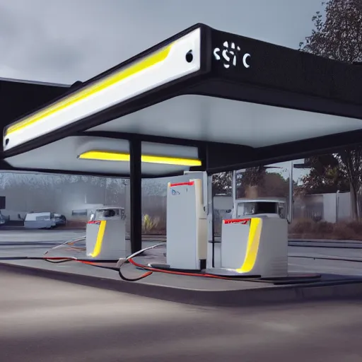 Image similar to sci - fi gas station and glowing white clean sci - fi fission power container, a sense of hope and optimism, hyper realistic, high res, 4 k, harsh light, edouard groult, bynde, kirill leonov, isaac zuren