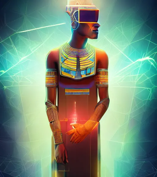 Image similar to symmetry!! egyptian prince of technology, solid cube of light, hard edges, product render retro - futuristic poster scifi, lasers and neon circuits, brown skin man egyptian prince, intricate, elegant, highly detailed, digital painting, artstation, concept art, smooth, sharp focus, illustration, dreamlike, art by artgerm