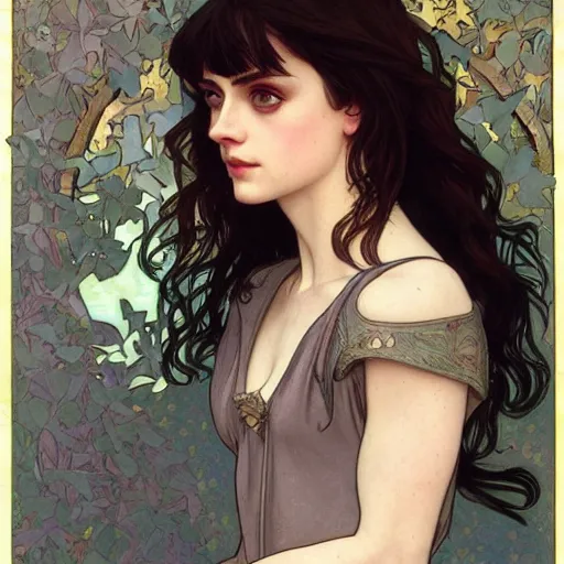 Image similar to a combination of Alexandra Daddario, Maisie Williams, Krysten Ritter, Anne Hathaway and Natalia Dwyer Christina Ricci and Lily Collins by Alphonse Mucha, Magali Villeneuve and Livia Prima, trending on artstation, long hair, dark eyes