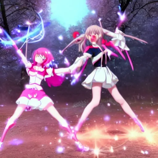 Image similar to a battle of two real-life mahou shoujo girl using a magic attack, still of an epic movie scene