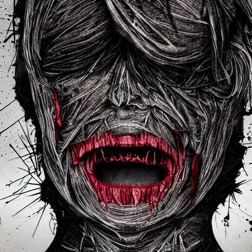 Image similar to face shredded like paper as skin peeling scream, dark, surreal, illustration, realistic horror