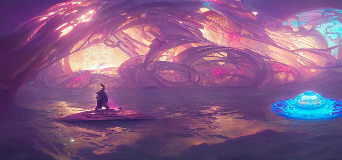 Image similar to a floating temple, channeling swirling energy, wearing netrunner clothing, vaporwave aesthetic, colorful, psychedelic, digital painting, artstation, concept art, smooth, sharp focus, illustration, art by artgerm and greg rutkowski and alphonse mucha