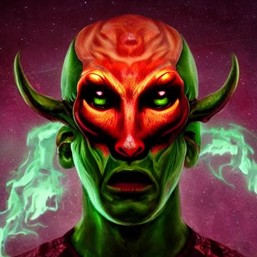 Image similar to realistic alien, medium shot portrait, devil horns,,!!!!! human eyes!!!!!!, green body. red eyes, background flames