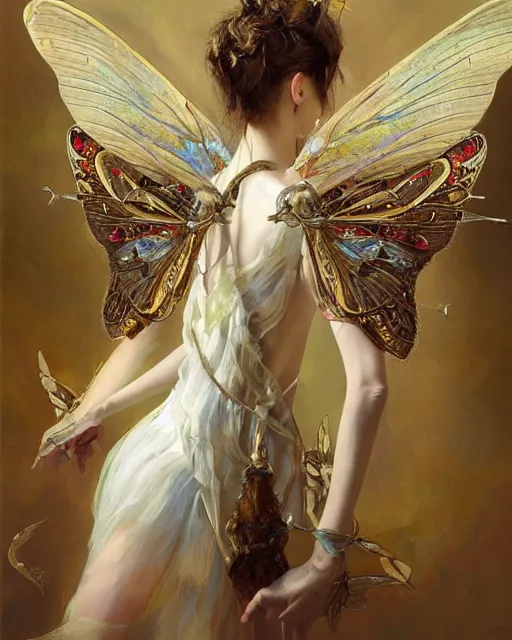 Image similar to Moth Fairy Maiden with large moth like wings wearing ornate dress by Ruan Jia and Andrei Riabovitchev, featured on Artstation, Hyperdetailed, stylized, realistic oil on linen, masterpiece, fantasy, dark academia