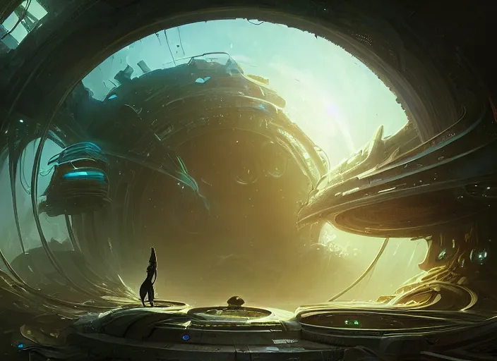 Image similar to a circular portal structure in the centre of an abandoned and overgrown alien city, beautiful curves, sci - fi, fantasy, golden ratio, epic lighting, amazing composition, messy brush strokes, very detailed, 4 k, in the style of peter mohrbacher