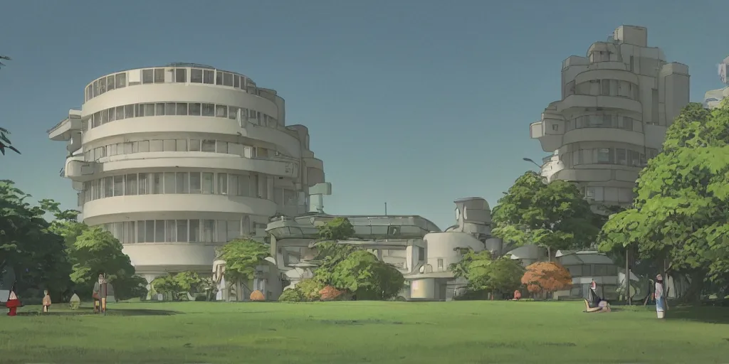 Image similar to A solarpunk round white sci-fi building in a city park, by Studio Ghibli and Edward Hopper