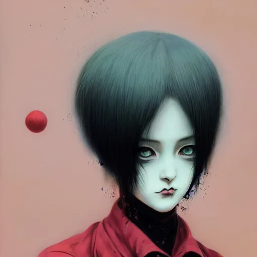 Prompt: beautiful portrait of an anime goth clowngirl, painted by ilya kuvshinov and zdzislaw beksinski