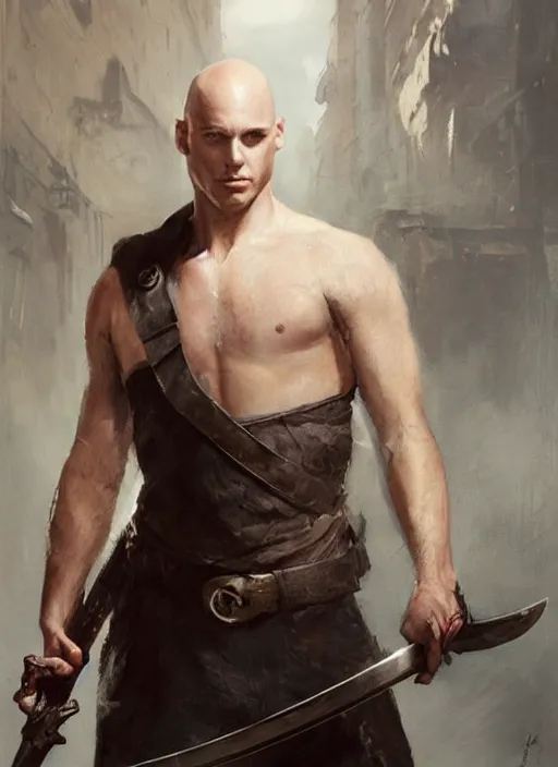 Image similar to a young man with wide, intense eyes. he is bald and clean shaven, dressed entirely in white and holding a huge sword. painting by greg rutkowski and raymond swanland