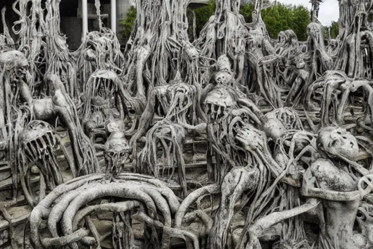 Prompt: a horrific sculpture garden designed by hr giger