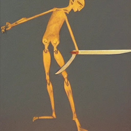 Prompt: “Full body portrait of a powerful thin humanoid entity holding a sword”