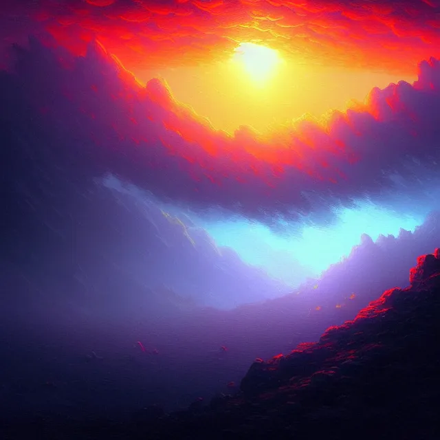 Prompt: very closeup view of the human eye, volumetric lighting, colorful, sharp and focus, ultra detailed, beautifully lit landscape, astrophotography, in the art style of dan mumford, ivan aivazovsky and marc simonetti