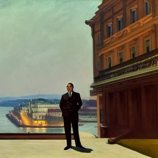 Image similar to leader of fascist hungary, viktor orban, overseeing the war torn city on the bank of danube river in budapest during the siege 2 0 2 2, by edward hopper