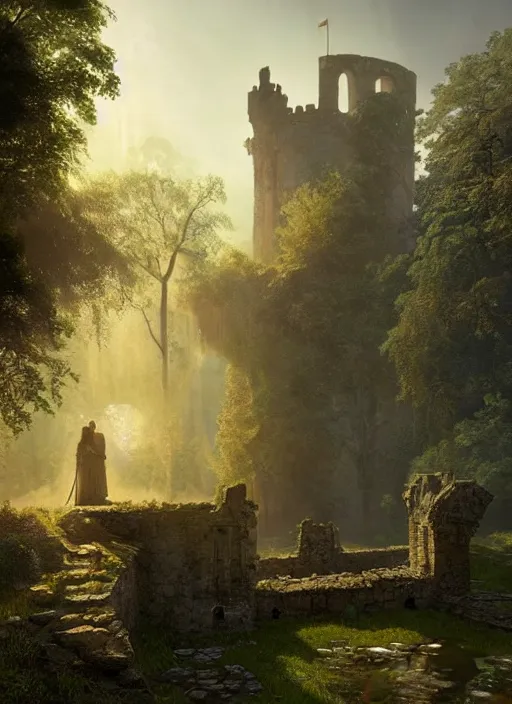 Image similar to beautiful medieval castle ruins, mist, sunrays, dust in the air, dnd character, unreal engine, octane render, dramatic lighting, pond, digital art, by stanley artgerm lau, greg rutkowski, thomas kindkade, alphonse mucha, loish, norman rockwell,