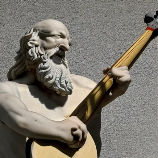 Image similar to epic greek marble statue of a bald man with a long beard playing a marble guitar, photo, chiaroscuro